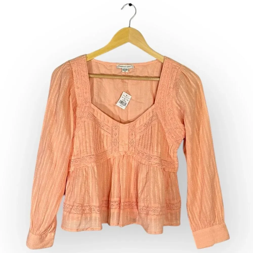 American Eagle Peachy-Pink Lace-Accented Sweetheart Neckline Babydoll Top XS